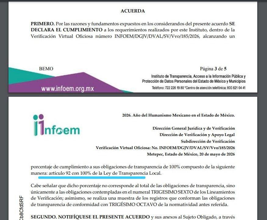 EN NICOLÁS ROMERO SE GOBIERNA CON TRANSPARENCIA: EL INFOEM RECONOCE CUMPLIMIENTO TOTAL DE OBLIGACIONES EN ESA MATERIA