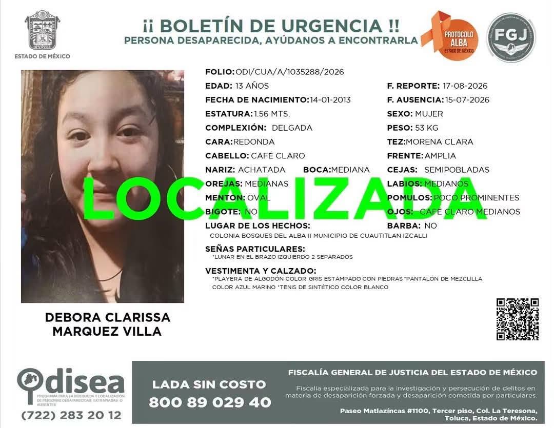 LOCALIZAN A MENOR CON FICHA DE BÚSQUEDA ACTIVA EN CUAUTITLÁN IZCALLI